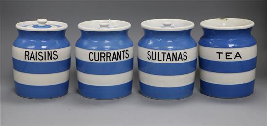 Four T. G. Green and Co storage jars: Sultanas, Currants, Raisins and Tea, height 14.5cm (three with lids)